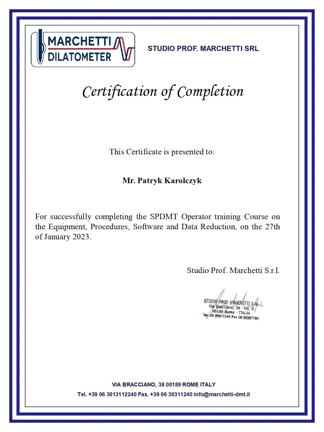 SDMT Training Certificate Karolczyk